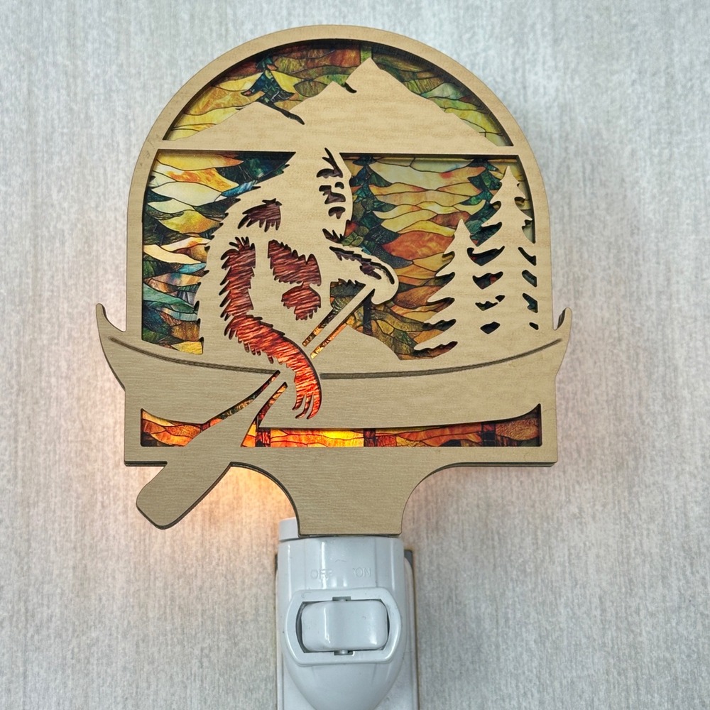 Bigfoot Sasquatch Canoe Wood Night Light Stained Glass Style Cabin Decor Plug-In - Picture 2 of 8